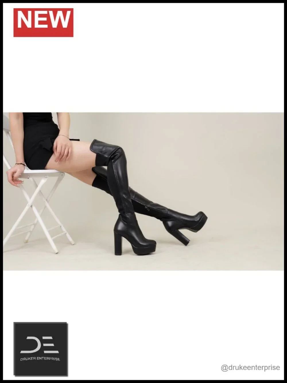 Women Thigh High Boots Platform Chunky Heel Side Zipper Faux Leather Motorcycle